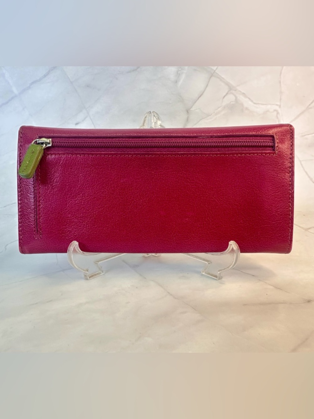 Vintage Leather Wallet Magenta Green Snap Closure Bifold Long Wallet - Picture 3 of 5